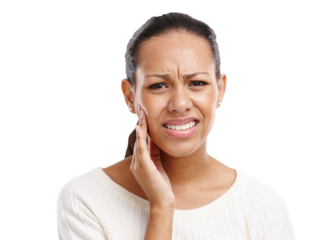 Woman, face and toothache pain for dental care, mouth injury or medical wellness on an isolated and transparent png background. Portrait of a girl, upset and frustrated for teeth cavity or emergency
