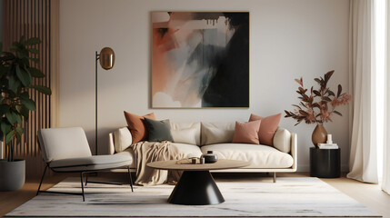 Stylish Living Room Interior with Mockup Frame Poster, Modern interior design, 3D render, 3D illustration - obrazy, fototapety, plakaty