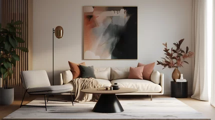 Foto op Plexiglas Stylish Living Room Interior with Mockup Frame Poster, Modern interior design, 3D render, 3D illustration © Roman P.