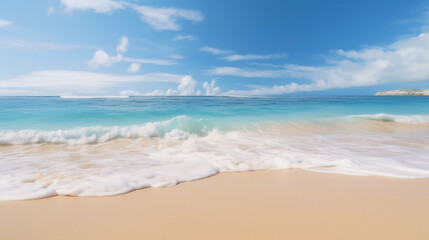Fototapeta na wymiar Sandy beach with blurry blue ocean.