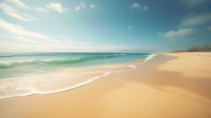 Fototapeta na wymiar Sandy beach with blurry blue ocean.