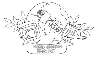 Banner for the World Press Freedom Day - May 3. Contour drawing of a hand with a microphone, a video camera, a notebook pen, a branch of sheets. Black and white illustration. A simple banner to print