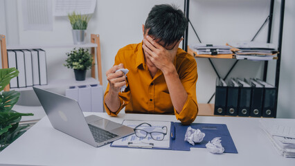 Stressed asia people businessman financial crisis, crazy, angry doing bookkeeping with financial...