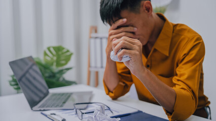 Stressed asia people businessman financial crisis, crazy, angry doing bookkeeping with financial...