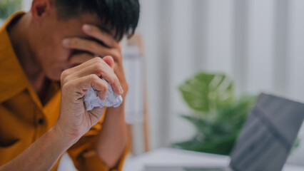 Stressed asia people businessman financial crisis, crazy, angry doing bookkeeping with financial dept.