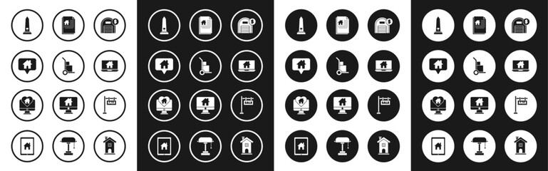 Set Warehouse with dollar symbol, Hand truck and boxes, Map pointer, Washington monument, Laptop smart home, House contract, Hanging sign text Sale and Monitor heart shape icon. Vector