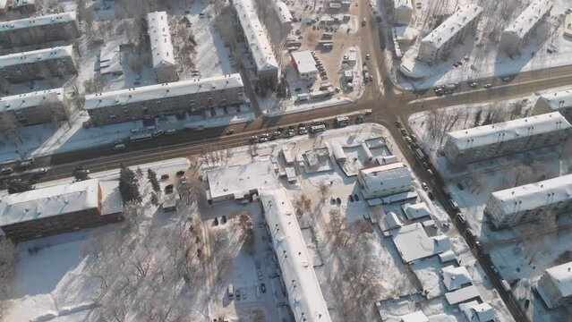 omsk flying over winter crossroad in residential district, 21 amur