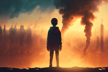 Small boy standing on the edge, looking at a burning city in smoke. Generative Ai

