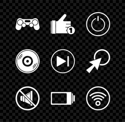 Set Gamepad, Hand like, Power button, Speaker mute, Battery charge level indicator, Wi-Fi wireless internet network, Vinyl disk and Fast forward icon. Vector