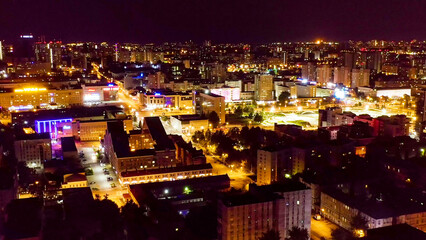 Perm, Russia - August 3, 2020: Downtown Perm at night, from a height of view, Aerial View