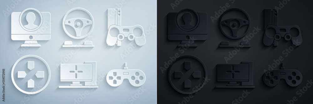 Poster set computer monitor, game console with joystick, gamepad, racing simulator cockpit and create accou