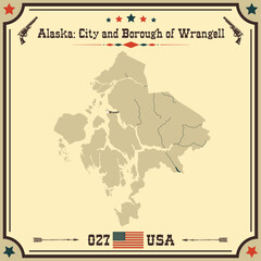 Large and accurate map of City and Borough of Wrangell, Alaska, USA with vintage colors.