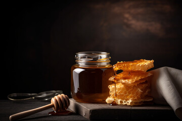 jar of honey and honeycomb. black background. 