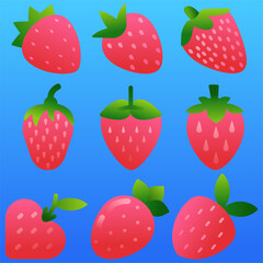 Strawberries icon set. Vector illustration of strawberry for fruit and food design. Graphic resource of berry for vegetarian, healthy, diet, nutrition and tropical. Fresh fruit for healthy lifestyle