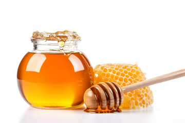 jar of honey and honeycomb. white background. 