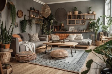 Boho living room with gray couch, wooden coffee table, cube, bamboo shelf, several plants, and lovely personal items. Decoration. Template. Generative AI