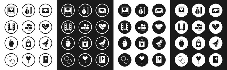 Set Envelope with Valentine heart, Cinema camera, Home stereo two speakers, Photo frames and hearts, Broken or divorce, Violin, Dove and Wedding cake icon. Vector