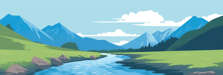 Fototapeta na wymiar narrow flowing river, bright blue skies, Alpine mountain in background, minimalist drawing style. generative ai