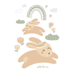 Cute rabbits jumping under the rainbow, vector hand drawn art with boho theme
