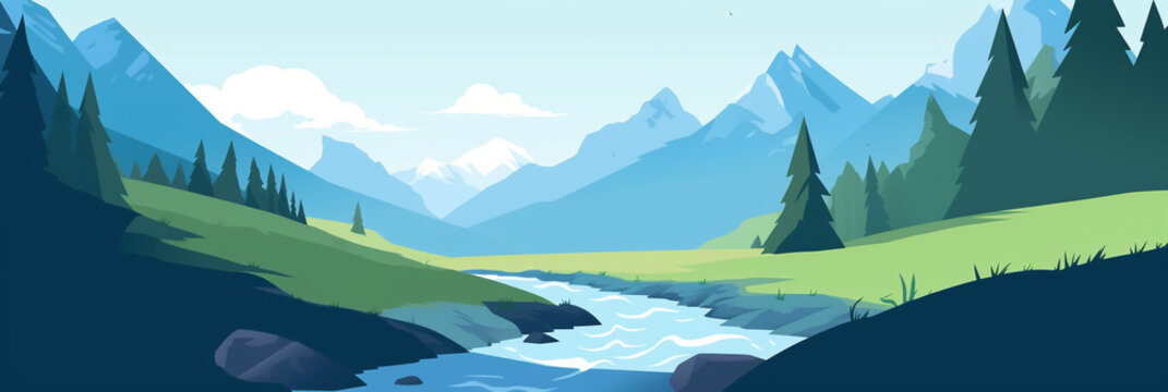 narrow flowing river, bright blue skies, Alpine mountain in background, minimalist drawing style. generative ai © pa-ka