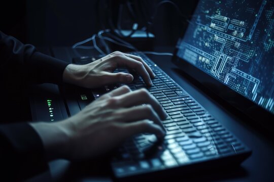 close-up view of a man's hands as he works with modern artificial intelligence (AI) technology, set in a futuristic style environment. Generative AI