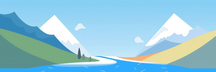 narrow flowing river, bright blue skies, Alpine mountain in background, minimalist drawing style. generative ai