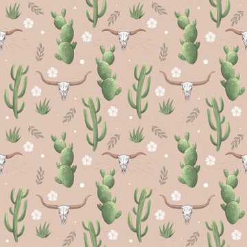 Longhorn skulls and cactuses in desert, seamless pattern with digital hand drawn art
