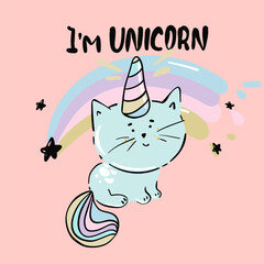 Catcorn. Lovely cartoon cat unicorn face and lettering text on white background. Cute vector for clothing print and children t-shirt for girl.