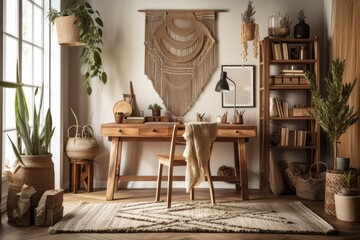 Bohemian home office with wooden desk, rattan armchair, brown mock up poster frame, macrame, office supplies, lamp, décor, and stylish personal accessories. Generative AI