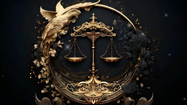  the image of the portrait of Libra, the zodiac sign, gold and black, decorated with Gothic lace and precious stones, a fantasy generated by artificial intelligence