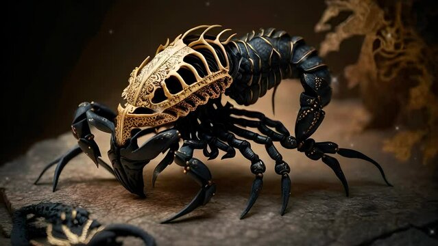  the image of the portrait of scorpio, the zodiac sign, gold and black, decorated with Gothic lace and precious stones, a fantasy generated by artificial intelligence