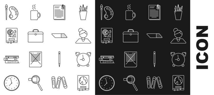 Set line World map on a school blackboard, Alarm clock, Teacher, File document and paper clip, Briefcase, Board with graph chart, Paint brush palette and Eraser rubber icon. Vector