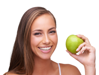 Wellness, apple and portrait of woman on an isolated and transparent png background for healthy lifestyle. Diet, digestion and face of girl with fruit for organic products, vitamins and nutrition
