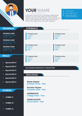 Professional and modern Cv Resume template with new latest style incorporated for business. Cool blue colored minimalist design idea with high quality vector. Company employee profile