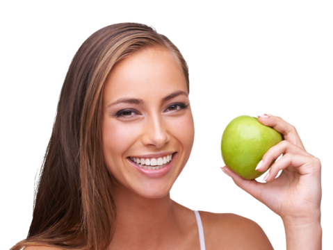 Wellness, apple and portrait of woman on an isolated and transparent png background for healthy lifestyle. Diet, digestion and face of girl with fruit for organic products, vitamins and nutrition
