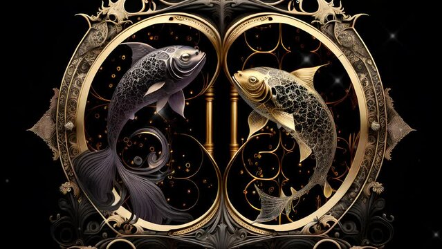 portrait of a Pisces zodiac sign, gold and black, decorated with gothic lace and precious stones, a fantasy generated by AI