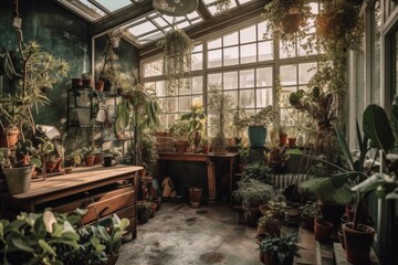 Fototapeta na wymiar Vintage garden. Scandinavian winter indoor garden with houseplants. Boho style orangery with tropical plants and monstera. greenhouse. Generative AI