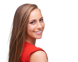 Happy woman, portrait and face with a teeth smile on an isolated and transparent png background. Female model with a positive mindset  for makeup, cosmetics and hair care in red