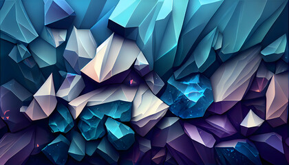 An intricate abstract composition of crystalline shapes, bursting with a spectrum of colors against a shadowed backdrop