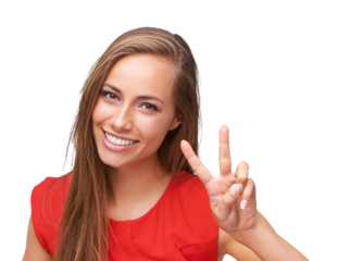 Happy woman, portrait and peace hand sign with a smile and happiness emoji on an isolated, transparent png background. Face of a kind young female with fingers for a positive mindset and motivation