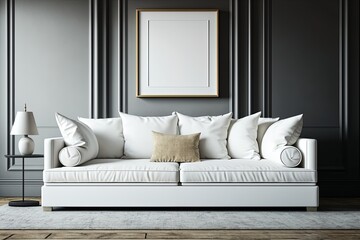 Empty room template for interior designers. White sofa against a wall with empty frames. The concept of minimalist. Modern interior design. Generative AI