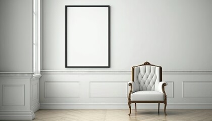 Empty room template for interior designers. White armchair against a wall with empty frame. The concept of minimalist. Modern interior design. Generative AI