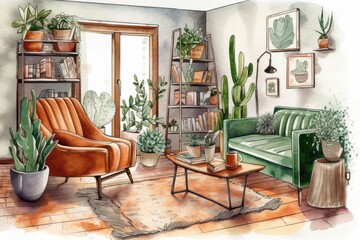 Bohemian home decor scene with mid century modern furniture. Houseplant, rug, greenery chair in cozy living room. Watercolor. Print. Homebound. Generative AI