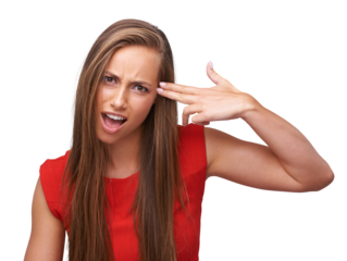 Woman, portrait and gun hand to head with anger, crazy and annoyed on an isolated and transparent png background. Model, comic and weapon sign to temple with mad face, mental health