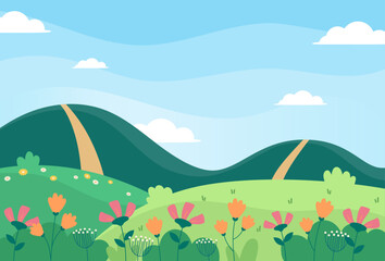 Flat design of natural spring season landscape background vector illustration