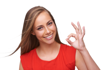 Success, ok and portrait of woman with hand emoji for happiness in approval, yes and opinion on an isolated and transparent png background. Model confident in agreement with happy smile
