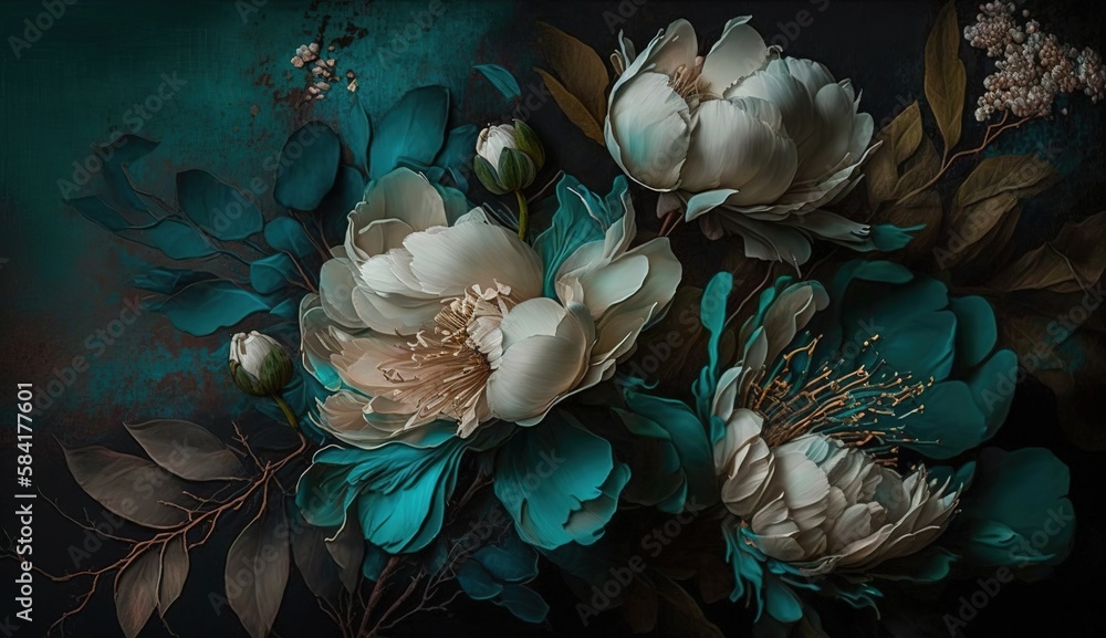 Canvas Prints generative ai, close up of blooming flowerbeds of amazing teal flowers on dark moody floral textured