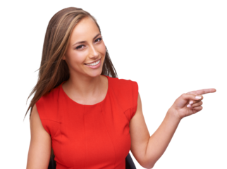 Pointing finger and portrait of woman for marketing, fashion and advertising on an isolated, transparent png background. Beauty, retail and model with copy space for deal, sale and product placement