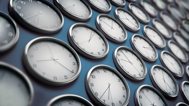 Clocks on the wall background. 3D illustration