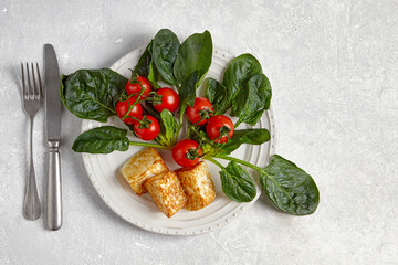 Red cherry tomatoes on a branch, green spinach leaves and fried mozzarella curd cheese on a dark plate on a light concrete table